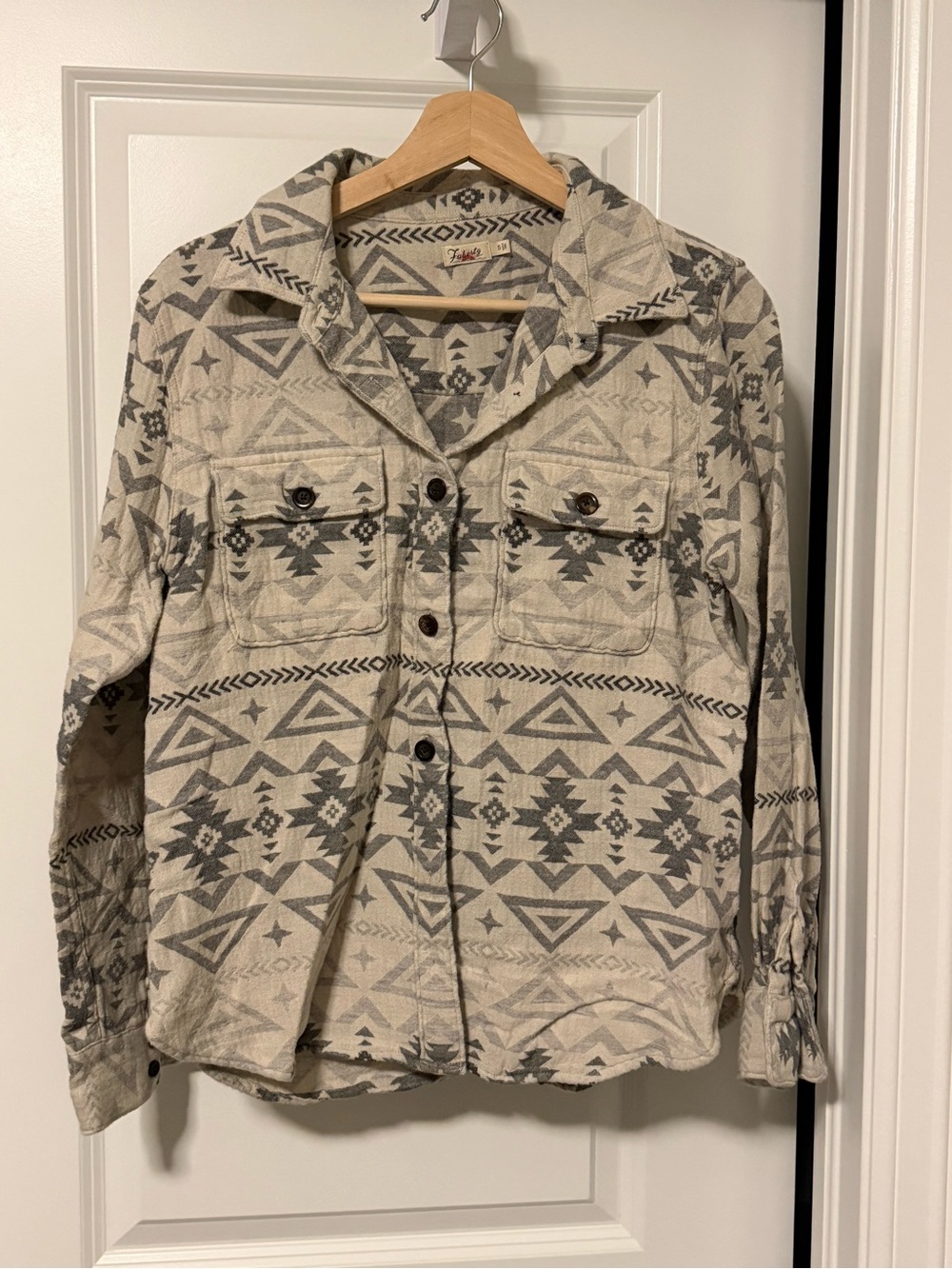 Faherty Cream and Gray Geometric Button-Down Shirt Jacket